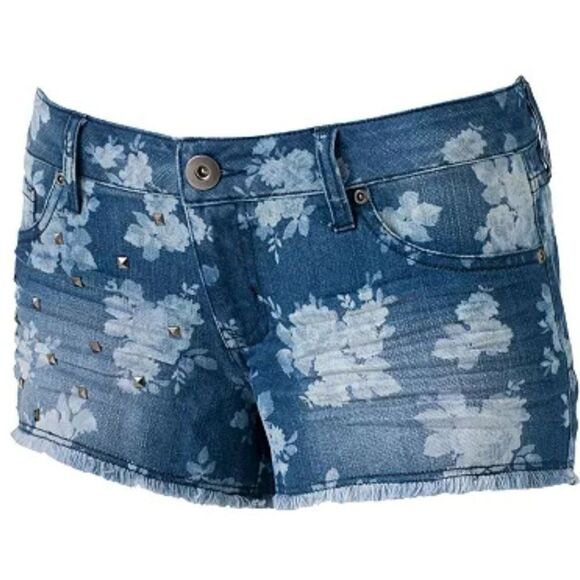 Women's Denim Stretch Shorts Shortie Studded Floral Print Cut Off shorts Size 9 - Picture 2 of 9